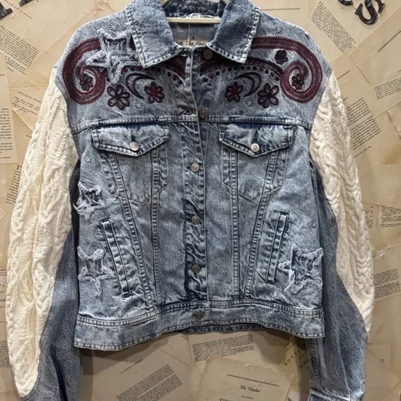 Free People Embroidered Denim Jacket Cable Knit Sleeves Slouchy Applique